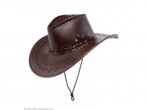 Barna színű cowboy kalap, varratokkal díszítve, műbőr