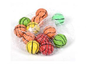 Pattogós 2,7 cm átmérőjű színes gumilabda kosárlabda mintával 12db-os szett hálóban