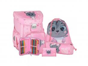 Spirit: Szürke cicás iskolatáska, hátizsák 5db-os szett 38x17x28cm