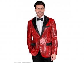 Party flitteres zakó szatén gallérral és fekete zsebekkel csillogó piros színű férfi jelmez