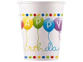 Színes lufis szülinapi Happy Birthday feliratú papírpohár 200 ml 8db-os szett