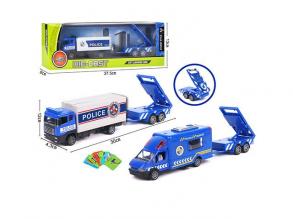 Fém rendőrautó modell vontatmánnyal és járműves kártyákkal 30cm háromféle változatban