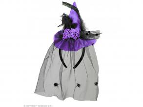 Boszorkány fejpánt kalappal, fátyollal és pók dekorációval - lila