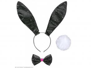 Fekete színű csillogó nyuszi jelmez kiegészítő: fül, farok, nyakkendő