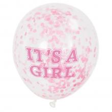 "IT'S A GIRL" konfettivel töltött rózsaszín lufi szett, 6 db