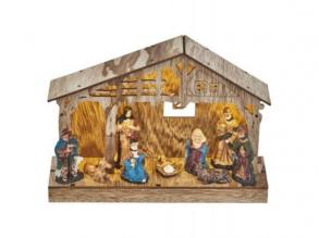 LED-es karácsonyi jászol, fa, 19 cm, 3xAA, beltéri, meleg fehér, időzítő